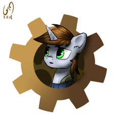 Size: 1500x1500 | Tagged: safe, artist:6editor9, artist:shido-tara, derpibooru import, oc, oc only, oc:littlepip, pony, unicorn, fallout equestria, abstract background, bust, clothes, fanfic, fanfic art, female, gears, horn, mare, portrait, solo, vault suit