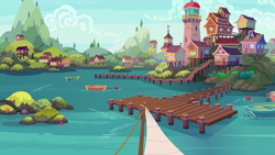 Size: 10659x6000 | Tagged: safe, artist:dragonchaser123, derpibooru import, friendship university, absurd resolution, background, boat, harbor, lighthouse, no pony, ocean, partly cloudy, pier, scenery, seaward shoals, stilts, town, vector