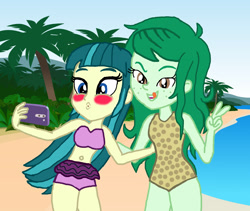 Size: 2000x1687 | Tagged: safe, artist:ktd1993, derpibooru import, juniper montage, wallflower blush, better together, equestria girls, spoiler:eqg specials, beach, bikini, blushing, clothes, female, juniblush, lesbian, licking, licking lips, selfie, shipping, swimsuit, tongue out