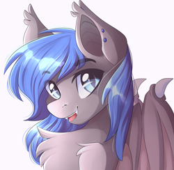 Size: 3419x3333 | Tagged: safe, artist:airiniblock, derpibooru import, oc, oc only, oc:moonslurps, bat pony, pony, bat pony oc, bat wings, chest fluff, cute, cute little fangs, ear fluff, ear piercing, fangs, fluffy, looking at you, male, open mouth, piercing, rcf community, simple background, slit eyes, smiling, solo, stallion, white background, wing claws, wings