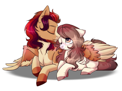 Size: 1600x1200 | Tagged: safe, artist:cloud-fly, derpibooru import, oc, oc:max, oc:ofelia, pegasus, pony, female, male, mare, oc x oc, prone, shipping, simple background, straight, transparent background