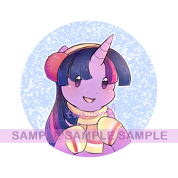 Size: 500x500 | Tagged: safe, artist:tsukibun, derpibooru import, twilight sparkle, twilight sparkle (alicorn), alicorn, pony, bronycon, chibi, clothes, cute, earmuffs, female, folded wings, mare, mittens, obtrusive watermark, pin, sample, scarf, solo, twiabetes, watermark, wings, winter