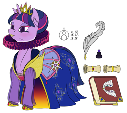 Size: 2000x1783 | Tagged: safe, artist:sepiakeys, derpibooru import, twilight sparkle, accessories, alternate hairstyle, book, clothes, crown, dress, ear fluff, elizabethan, inkwell, jewelry, lipstick, makeup, new crown, quill, regal, regalia, ruff (clothing), scribe, scroll, shoes, simple background, solo