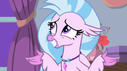 Size: 1280x720 | Tagged: safe, derpibooru import, screencap, silverstream, hippogriff, school raze, female, jewelry, necklace, sheepish grin, shrug, solo