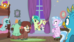 Size: 1280x720 | Tagged: safe, derpibooru import, screencap, apple bloom, gallus, ocellus, sandbar, scootaloo, silverstream, smolder, sweetie belle, yona, changedling, changeling, classical hippogriff, dragon, earth pony, griffon, hippogriff, pony, yak, school raze, bow, cloven hooves, crowbar, cutie mark crusaders, dragoness, female, filly, flying, hair bow, male, monkey swings, sitting, student six, teenager, window