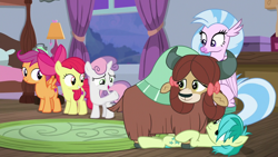 Size: 1280x720 | Tagged: safe, derpibooru import, screencap, apple bloom, sandbar, scootaloo, silverstream, sweetie belle, yona, earth pony, hippogriff, pegasus, pony, unicorn, yak, school raze, bow, cutie mark crusaders, female, filly, foal, hair bow, male, monkey swings, teenager