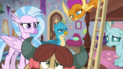 Size: 1280x720 | Tagged: safe, derpibooru import, screencap, gallus, ocellus, silverstream, smolder, yona, changedling, changeling, dragon, griffon, hippogriff, yak, school raze, bed, bow, dragoness, female, hair bow, ladder, male