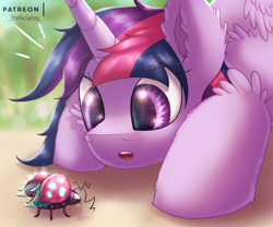 Size: 2430x2025 | Tagged: safe, artist:shad0w-galaxy, derpibooru import, twilight sparkle, twilight sparkle (alicorn), alicorn, insect, ladybug, pony, adorkable, cute, ear fluff, female, fluffy, hilarious in hindsight, mare, open mouth, shiny, solo, twiabetes