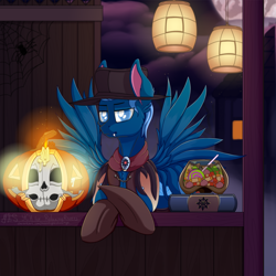 Size: 1100x1100 | Tagged: safe, artist:moonlightstrange, derpibooru import, oc, oc only, oc:relaxing rivers, pegasus, pony, halloween, holiday, jack-o-lantern, male, pumpkin, skull, solo, stallion, ych result