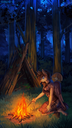 Size: 1013x1800 | Tagged: safe, artist:margony, derpibooru import, oc, oc only, alicorn, anthro, unguligrade anthro, alicorn oc, anthro oc, breasts, campfire, cleavage, clothes, digital art, female, folded wings, forest, kneeling, mare, night, scenery, shield, signature, sitting, solo, wings