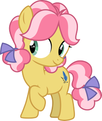 Size: 3000x3552 | Tagged: safe, artist:cloudyglow, derpibooru import, kettle corn, earth pony, pony, marks and recreation, .ai available, bow, cute, female, filly, foal, hair bow, high res, kettlebetes, one hoof raised, simple background, smiling, solo, standing, tail bow, transparent background, vector