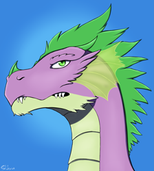 Size: 2073x2310 | Tagged: safe, artist:shkura2011, derpibooru import, spike, dragon, blue background, bust, glare, gradient background, portrait, simple background, solo, spikezilla