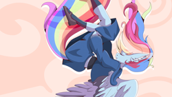 Size: 1920x1080 | Tagged: safe, artist:rariedash, derpibooru import, rainbow dash, anthro, pegasus, clothes, ear fluff, eyes closed, falling, female, mare, mary janes, shoes, skirt, socks, solo