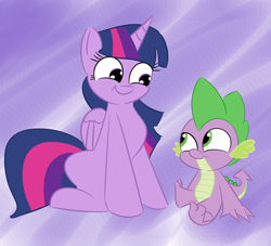 Size: 1220x1108 | Tagged: safe, artist:virtualcipher, derpibooru import, spike, twilight sparkle, twilight sparkle (alicorn), alicorn, dragon, baby, baby dragon, friendship, happy, sitting, smiling