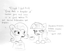 Size: 1709x1340 | Tagged: safe, artist:tjpones, derpibooru import, fluttershy, twilight sparkle, twilight sparkle (alicorn), alicorn, pegasus, pony, coffee, coffee mug, dialogue, duo, ear fluff, female, grumpy, grumpy twilight, magic, mare, mug, telekinesis