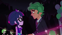 Size: 1280x720 | Tagged: safe, derpibooru import, screencap, drama letter, sci-twi, sophisticata, timber spruce, twilight sparkle, watermelody, equestria girls, legend of everfree, background human, bare shoulders, blushing, clothes, eye contact, female, glasses, looking at each other, male, shipping, sleeveless, smiling, straight, strapless, suit, timbertwi