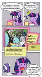 Size: 2686x4964 | Tagged: safe, artist:helsaabi, derpibooru import, discord, rarity, star swirl the bearded, twilight sparkle, twilight sparkle (alicorn), alicorn, pony, unicorn, friendship university, comic, dialogue, female, letter, male, mare, picture, simple background, stallion, text