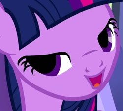 Size: 530x480 | Tagged: safe, derpibooru import, screencap, twilight sparkle, cropped, episode needed, faic, lidded eyes, looking at you, open mouth, smiling, solo