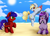 Size: 2494x1816 | Tagged: safe, artist:pridark, derpibooru import, oc, oc only, bat pony, pony, unicorn, bat pony oc, beach, beach ball, bipedal, chest fluff, commission, eyes closed, ocean, one eye closed, open mouth