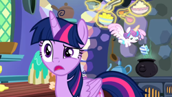 Size: 1274x716 | Tagged: safe, derpibooru import, screencap, princess flurry heart, twilight sparkle, twilight sparkle (alicorn), alicorn, pony, best gift ever, aunt and niece, cauldron, cooking pot, duo, female, filly, foal, magic, magic aura, mare, telekinesis