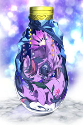 Size: 600x900 | Tagged: safe, artist:nabebuta, derpibooru import, twilight sparkle, twilight sparkle (alicorn), alicorn, anatomically incorrect, bottle, crystal, pony in a bottle, solo