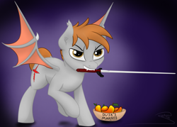 Size: 2929x2099 | Tagged: safe, artist:soctavia, derpibooru import, oc, oc:dusk mane, bat pony, angry, bat pony oc, fighting stance, food, mango, simple background, solo, sword, weapon