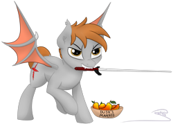 Size: 2929x2099 | Tagged: safe, artist:soctavia, derpibooru import, oc, oc:dusk mane, bat pony, angry, bat pony oc, fighting stance, food, mango, simple background, solo, sword, transparent background, weapon