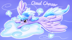 Size: 1920x1080 | Tagged: safe, artist:jiangosaur, derpibooru import, cloudchaser, pegasus, pony, :3, cloud, female, mare, one eye closed, solo, spread wings, wings