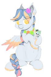 Size: 1000x1500 | Tagged: safe, artist:rhythmpixel, derpibooru import, oc, oc only, oc:river chime, oc:seashore swirl, pegasus, pony, 2019 community collab, bell, belly button, braid, braided tail, colored hooves, colored wings, derpibooru community collaboration, ear fluff, female, flower, flower in hair, hairband, lei, lineless, mare, plushie, simple background, sitting, solo, transparent background