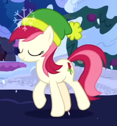 Size: 358x384 | Tagged: safe, derpibooru import, screencap, roseluck, earth pony, pony, best gift ever, background pony, cropped, cutie mark, eyes closed, female, hat, mare, snow, solo, walking