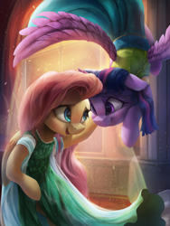 Size: 3000x4000 | Tagged: safe, artist:vanillaghosties, derpibooru import, fluttershy, twilight sparkle, twilight sparkle (alicorn), alicorn, pegasus, pony, backlighting, clothes, costume, cute, dress, duo, eye contact, female, frozen fever, indoors, looking at each other, mare, smiling, spread wings, vanillaghosties is trying to murder us, wings