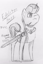 Size: 1938x2872 | Tagged: safe, artist:floofyfoxcomics, derpibooru import, oc, oc:edelsten herz, pony, unicorn, male, monochrome, solo, stallion, sword, traditional art, weapon