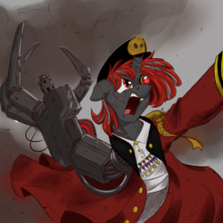 Size: 2048x2048 | Tagged: safe, artist:ncmares, derpibooru import, oc, oc only, oc:crimson fist, pony, broken horn, clothes, colored, commissar, commissar yarrick, commission, cosplay, costume, crossover, horn, open mouth, power klaw, prosthetics, purity seal, scar, solo, warhammer (game), warhammer 40k