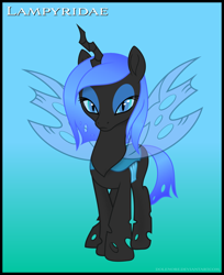 Size: 896x1096 | Tagged: safe, artist:dolenore, derpibooru import, oc, oc:lampyridae, changeling, blue changeling, female, solo