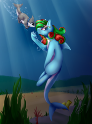 Size: 1024x1378 | Tagged: safe, artist:lilrandum, derpibooru import, oc, original species, shark pony, female, shark dog, solo, underwater