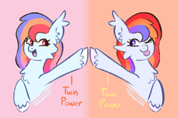 Size: 3760x2500 | Tagged: safe, artist:chirpy-chi, derpibooru import, edit, oc, oc only, oc:sunrise stratus, oc:sunset stratus, expressions, hoofbump, stratus twins, twins