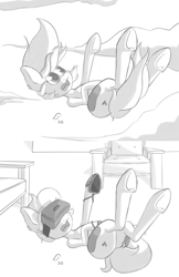 Size: 1279x1969 | Tagged: safe, artist:elppa, derpibooru import, oc, oc:ink drop, earth pony, pony, lineart, monochrome, solo, underhoof, virtual reality