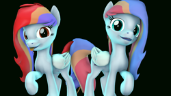 Size: 1280x720 | Tagged: safe, artist:loveslove, derpibooru import, oc, oc only, oc:sunrise stratus, oc:sunset stratus, pegasus, pony, 3d, black background, duo, female, mare, simple background, stratus twins, tongue out