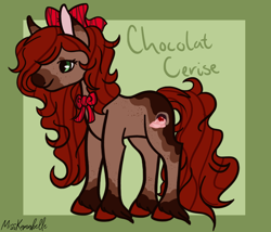 Size: 1750x1500 | Tagged: safe, artist:misskanabelle, derpibooru import, oc, oc only, oc:chocolat cerise, earth pony, pony, abstract background, bow, earth pony oc, female, hair bow, hoof fluff, mare, offspring, parent:cherry jubilee, parent:trouble shoes, parents:cherryshoes, ribbon, signature, solo, unshorn fetlocks