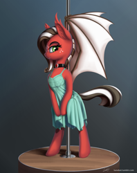 Size: 2740x3464 | Tagged: safe, alternate version, artist:lunebat, derpibooru import, oc, oc:day starter, bat pony, pony, bat pony oc, clothes, female, nightgown, pole, pole dancing, solo, standing, stripper pole