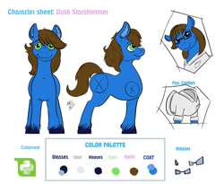 Size: 1280x1051 | Tagged: safe, artist:denton, derpibooru import, oc, oc only, oc:dusk starshimmer, clothes, glasses, reference sheet, vest