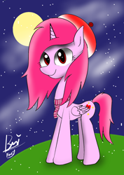 Size: 1000x1414 | Tagged: safe, artist:purplesounds, derpibooru import, oc, oc only, pony, clothes, cute, digital art, moon, night, scarf, solo, starry sky