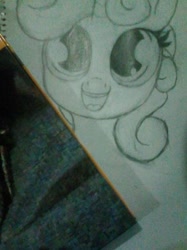 Size: 374x499 | Tagged: safe, derpibooru exclusive, derpibooru import, sweetie belle, pony, unicorn, drawing, female, filly, irl, open mouth, photo, solo, traditional art