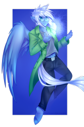 Size: 1024x1536 | Tagged: safe, artist:piiunivers, derpibooru import, oc, oc only, anthro, pegasus, unguligrade anthro, anthro oc, clothes, glasses, lightning, male, pants, shirt, solo, stallion