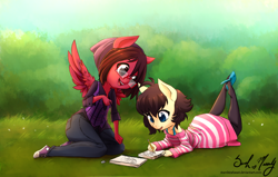 Size: 900x571 | Tagged: safe, artist:starshinebeast, derpibooru import, oc, oc only, oc:raidiant, anthro, pegasus, clothes, converse, duo, duo female, female, filly, glasses, grass, pencil, shoes, signature, sketchbook, smiling