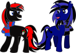 Size: 1047x730 | Tagged: safe, artist:sorasleafeon, derpibooru import, oc, oc only, oc:airwave, oc:shadow sora, pony, unicorn, best friends, clothes, duo, male, mischievous, red and black oc, scarf, simple background, smiling, stallion, transparent background