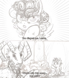 Size: 1400x1576 | Tagged: safe, artist:plotcore, derpibooru import, cozy glow, grogar, pegasus, pony, /mlp/, description is relevant, dialogue, drawthread, female, filly, monochrome, one punch man, ponified, simple background, subtitles, white background