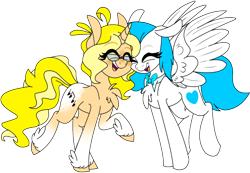 Size: 1556x1075 | Tagged: safe, artist:songheartva, derpibooru import, oc, oc only, oc:angel love, oc:songheart, pegasus, pony, unicorn, female, mare, simple background, transparent background