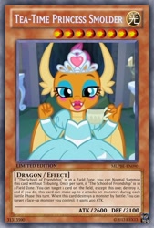 Size: 333x493 | Tagged: safe, artist:poppixierex, derpibooru import, smolder, dragon, what lies beneath, card, claws, clothes, dragon wings, dragoness, dress, fangs, female, ojou-sama, open mouth, princess smolder, solo, text, wings, yu-gi-oh!