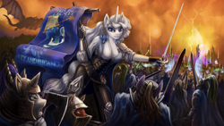 Size: 1920x1080 | Tagged: safe, artist:willhemtier, derpibooru import, oc, oc:platinum decree, anthro, dragon, unicorn, armor, banner, battlefield, charge, ear piercing, earring, jewelry, looking at you, piercing, rapier, scenery, sword, war, weapon